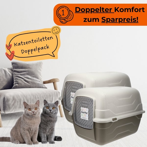 Zwei Katzentoiletten im Doppelpack mit zwei Katzen davor