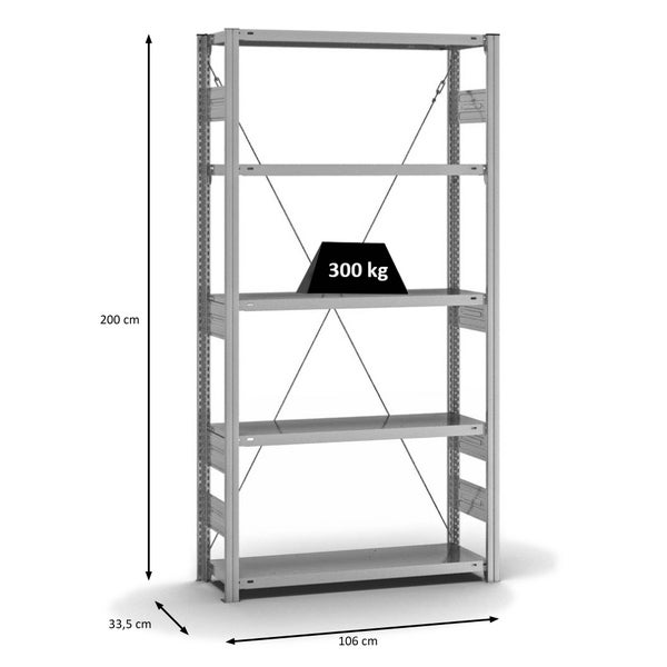 PROREGAL Fachbodenregal Stecksystem T-Profil Heavy-Duty Grundregal HxBxT 200 x 100 x 30 cm 5 Ebenen Fachlast 300 kg Einseitig Nutzbar Verzinkt