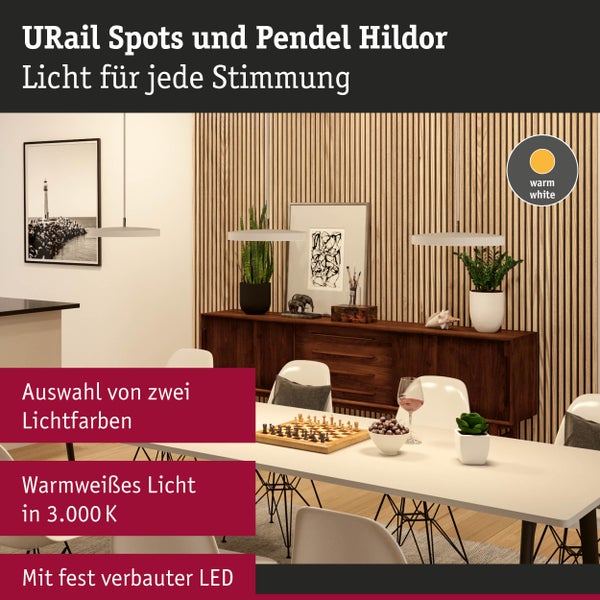 URail Schienensystem Hildor mit Pendelleuchten im modernen Esszimmer, Holzpaneelwand, warmweißes Licht mit 3.000 Kelvin und fest verbauter LED.