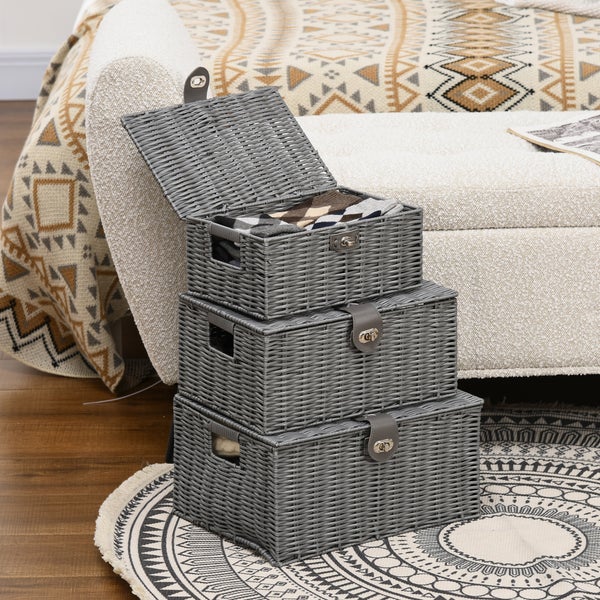 HOMCOM Aufbewahrungskorb aus Kunststoff, 3er-Set, mit Deckel und Schnallen, Ordnungsboxen für Schlafzimmer, Wohnzimmer, 18L, 12L, 7L, PP, Metall,  Grau