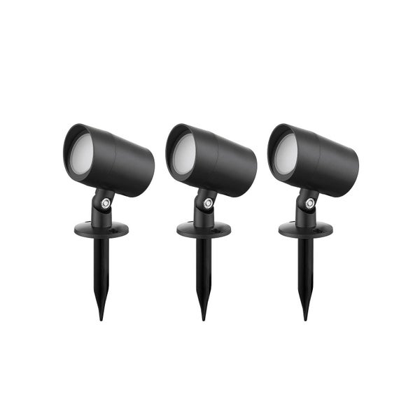 Dreiteiliges Set schwarzer Gartenstrahler mit Erdspieß zur Außenbeleuchtung.