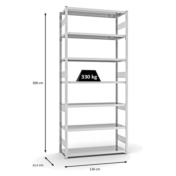 PROREGAL Fachbodenregal Stecksystem T-Profil Heavy-Duty Grundregal HxBxT 300 x 130 x 50 cm 7 Ebenen Fachlast 330 kg Beidseitig Nutzbar Lichtgrau