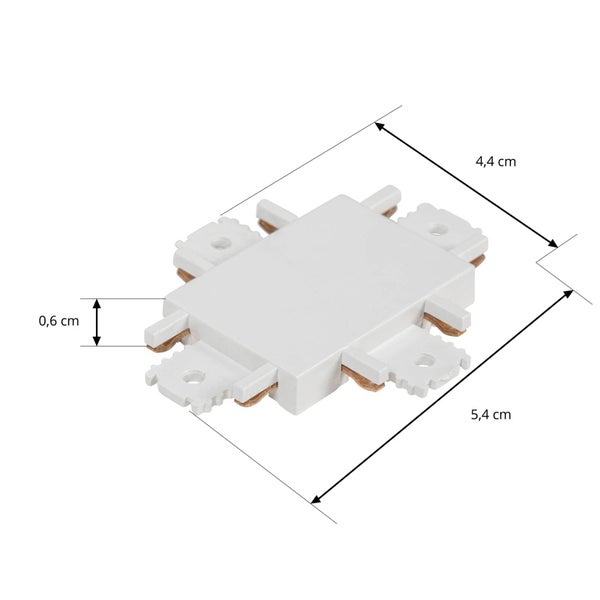 X-Verbinder für LED-Profile, weiß, Maße 5,4 Zentimeter mal 4,4 Zentimeter und eine Höhe von 0,6 Zentimeter.