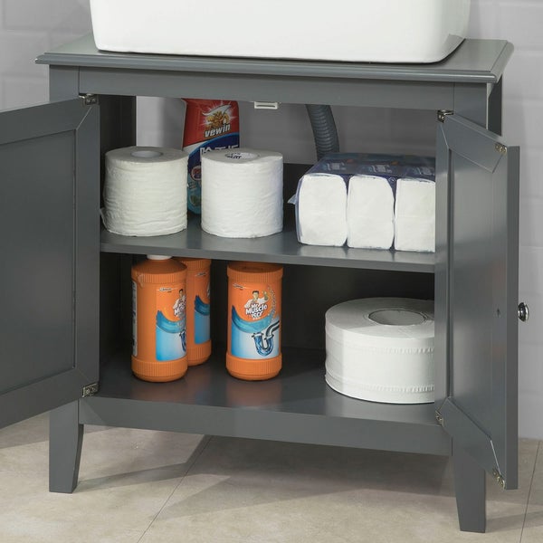 Grauer Waschtisch mit Aufsatzwaschbecken, offenem Schrank und Regal