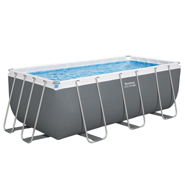 Bestway Steel Pro Max rechteckiger Aufstellpool mit grauem Stahlrahmen und blauem Wasser.