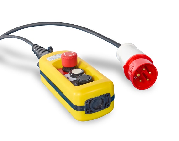 Gelber Kran-Hängetaster aus Kunststoff mit rotem Not-Aus-Schalter, zwei Steuertasten und rotem CEE-Stecker.