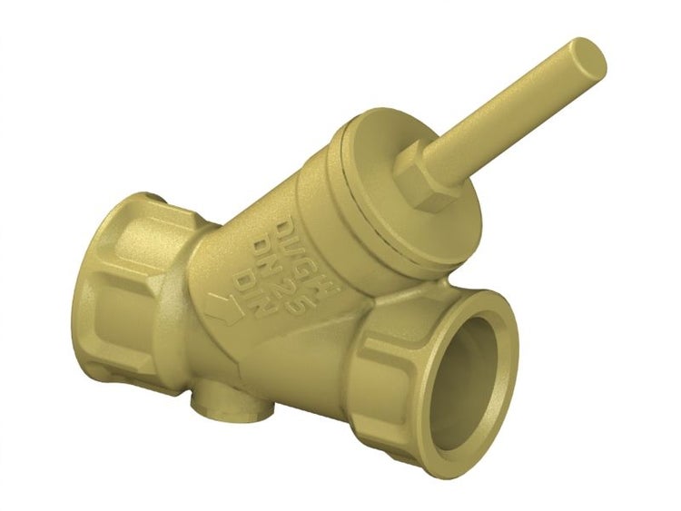 Schrägsitzventil aus Messing Nennweite 25 mit Innengewinde und Spindel.