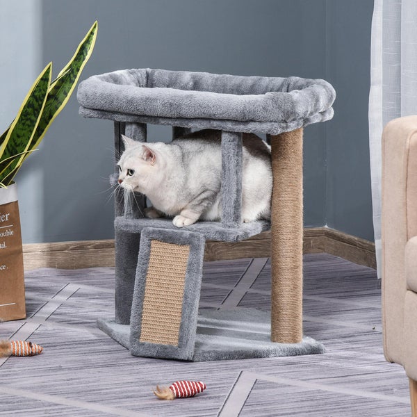 PawHut Kratzbaum 57 cm Kleiner Katzenbaum mit Katzenhöhle, Liegeplattform, Katzenkratzbaum mit Kratzbrett, Spielball, Katzenmöbel für Katzen bis 5 kg Hellgrau