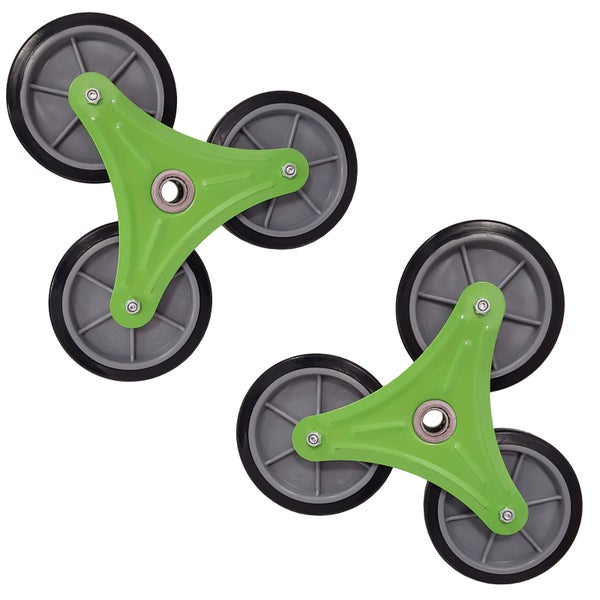 Zwei Treppensteiger-Räder mit dreieckiger, grüner Halterung und grauen Rädern