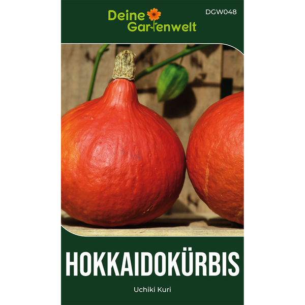 Samentüte für Hokkaidokürbis Uchiki Kuri mit Deine Gartenwelt Logo, zeigt zwei orangefarbene Kürbisse.