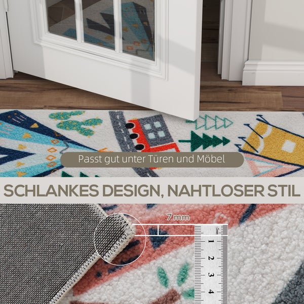 Kinderteppich mit Stadtmotiv unter einer Tuer liegend, flaches Design mit einer Dicke von 7 Millimeter.