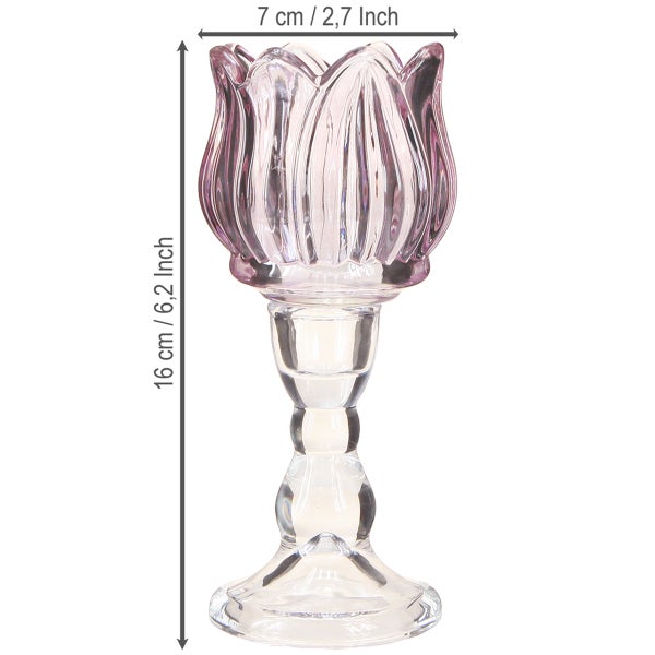 Violetter Kerzenhalter aus Glas in Tulpenform, 16 Zentimeter hoch und 7 Zentimeter breit.