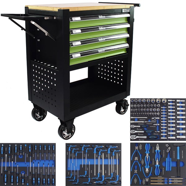 Werkstattwagen Werkzeugwagen 4 Schubladen bestückt grün Massivholz Platte Profi Compact