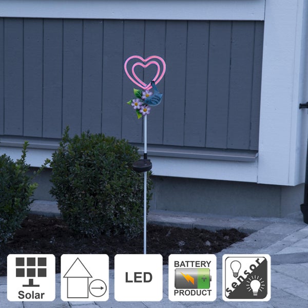 Solar Gartenstecker mit Herzmotiv, Vogel und Blumen