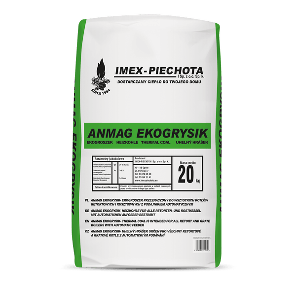 20 Kilogramm Sack Anmag Ekogrysik Heizkohle von Imex-Piechota, Körnung 5 bis 15 Millimeter, für Kessel mit automatischem Aufgeber.