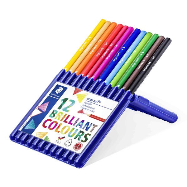 Set mit 12 Staedtler ergosoft Buntstiften in einer Kunststoffbox mit dreieckiger Schaftform und bruchfester Mine