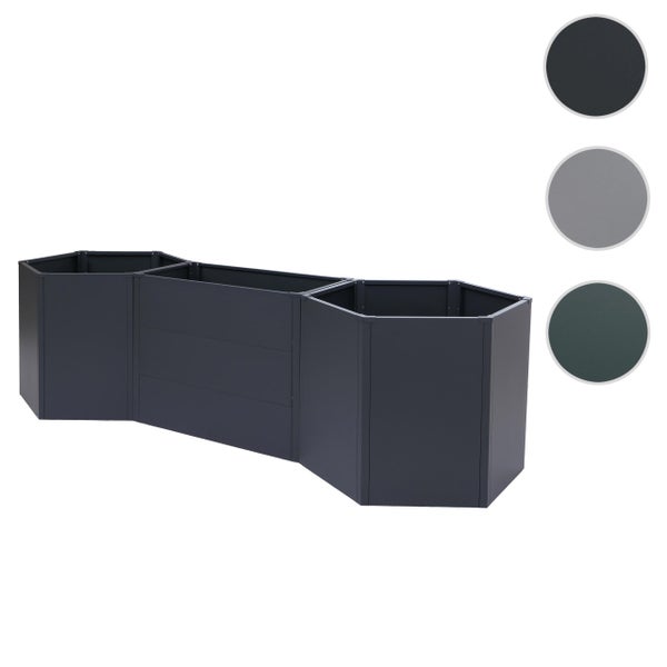 Modulares Hochbeet aus Metall mit rechteckigen und sechseckigen Segmenten sowie Farbauswahl.