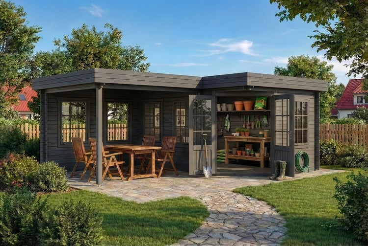 Gartenhaus aus Holz mit Flachdach, integrierter Terrasse mit Holztisch und Stühlen sowie einem Geräteschuppen im Garten.