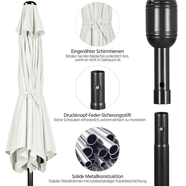 Detailansicht eines geschlossenen Sonnenschirms mit Metallrahmen und Befestigungsdetails