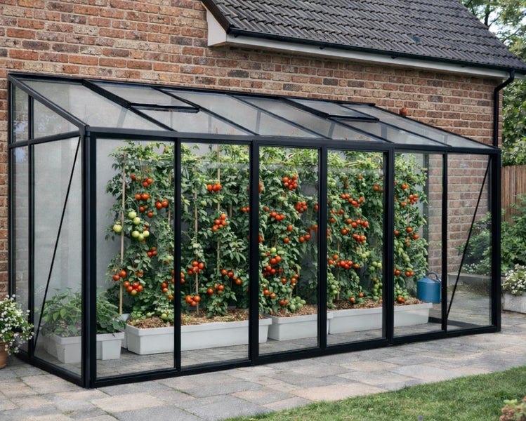 Anlehngewächshaus mit schwarzem Rahmen an einer Backsteinwand mit Tomatenpflanzen in weißen Kübeln auf einer gepflasterten Fläche.