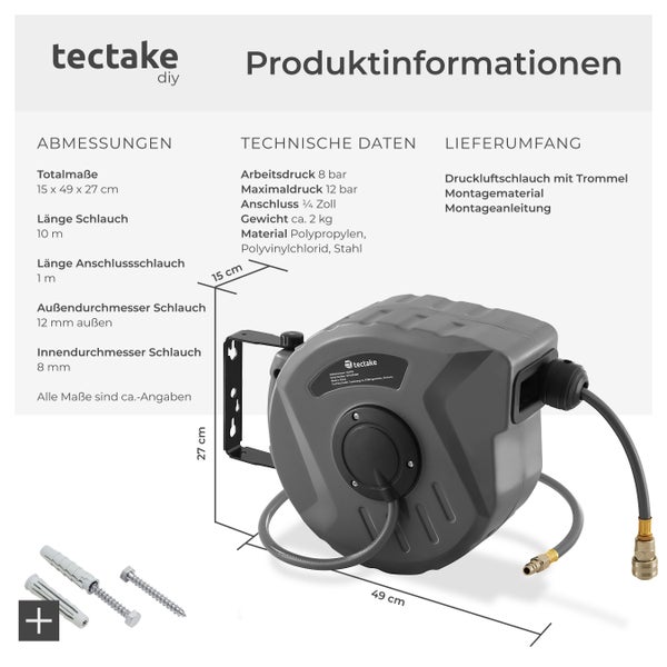 Druckluftschlauch mit Trommel tectake  inklusive Montagematerial mit ¼ Zoll Schnellkupplung grau