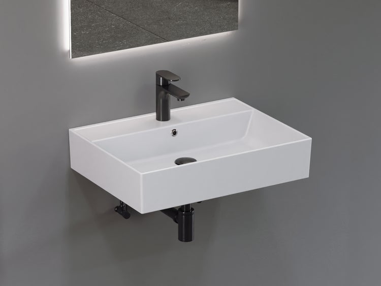 Aqua Bagno Basic Plan Waschbecken 10.16.30.04.2 – 60 x 45 cm – Weiß Hochglanz – Keramikbecken mit Hahnloch & Überlauf