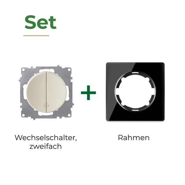 Set bestehend aus einem zweifachen Wechselschalter und einem passenden Rahmen zur Wandmontage.
