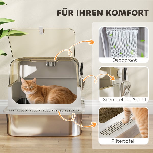 Modernes Katzenklo mit Katze, Edelstahl-Wanne, Deodorant-Halterung, Streuschaufel und Abtropfgitter für saubere Pfoten.