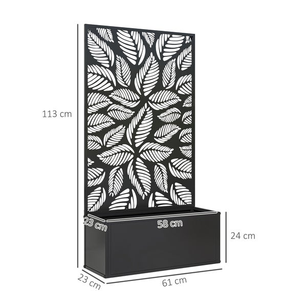 Pflanzkasten mit Sichtschutzzaun aus Metall, Blattmuster, schwarz, Höhe 113 Zentimeter, Breite 61 Zentimeter, Tiefe 23 Zentimeter.