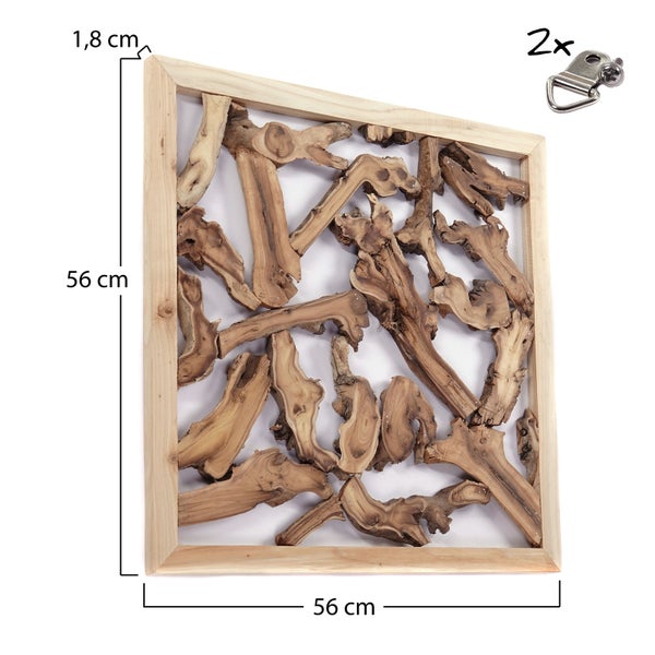 Wanddeko Branch 56x56 cm, Teak Wurzelholz massiv naturfarben