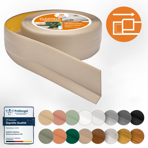 Flexible PVC Weichsockelleiste von Quest auf der Rolle mit selbstklebender Rückseite inklusive Qualitätssiegel Prüfengel und Farbauswahl