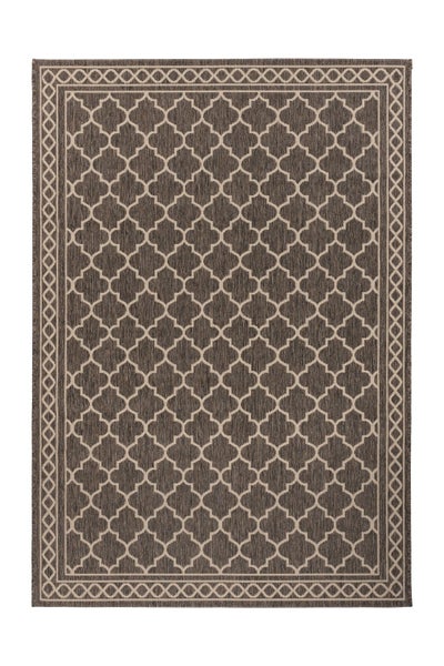 Flachgewebe-Teppich in Braun mit hellem Gittermuster und geometrischer Bordüre.