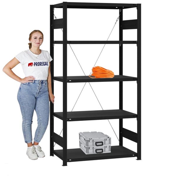 PROREGAL Wohnregal Motemo Made In Germany HxBxT 200 x 100 x 50 cm 5 Ebenen Je 150 kg Fachlast Matt & Schwarz