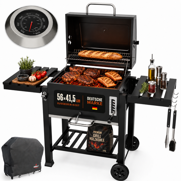 Holzkohlegrill mit Gusseisen-Rost, 56 mal 41,5 Zentimeter, Deckelthermometer, zwei Seitenablagen, Rollen und Abdeckhaube. Deutsche Marke.