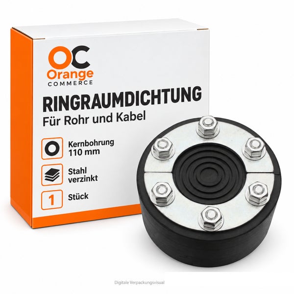 Ringraumdichtung für Rohr und Kabel mit 110 Millimeter Kernbohrung aus verzinktem Stahl und Gummi in der Orange Commerce Produktverpackung
