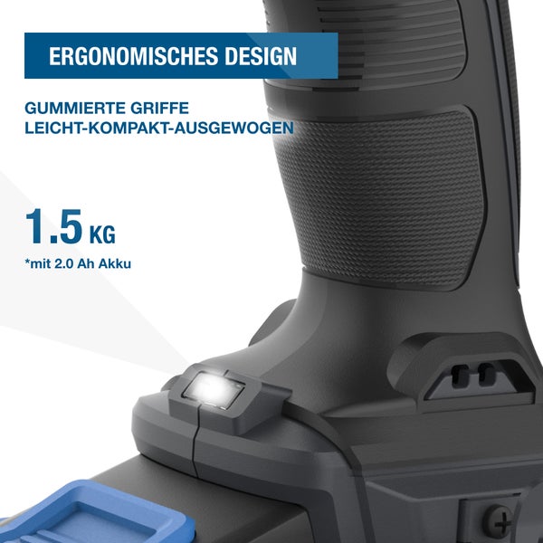 Akku-Bohrschrauber Hyundai 20 Volt Max mit LED-Arbeitslicht, Ladezustandsanzeige und Gürtelclip.