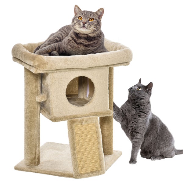 PawHut Kratzbaum 57 cm Kleiner Katzenbaum mit Katzenhöhle, Liegeplattform, Katzenkratzbaum mit Kratzbrett, Spielball, Katzenmöbel für Katzen bis 5 kg, Kaffee