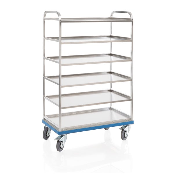 Etagenwagen aus Edelstahl mit sechs Böden und Lenkrollen.