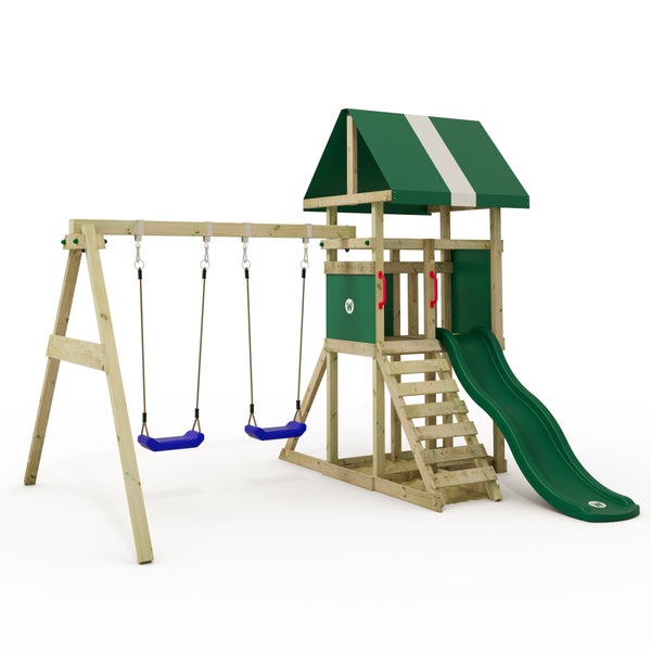 WICKEY Spielturm Klettergerüst DinkyHouse mit Schaukel und Rutsche, Kletterturm mit Sandkasten, Leiter und Spiel-Zubehör – grün