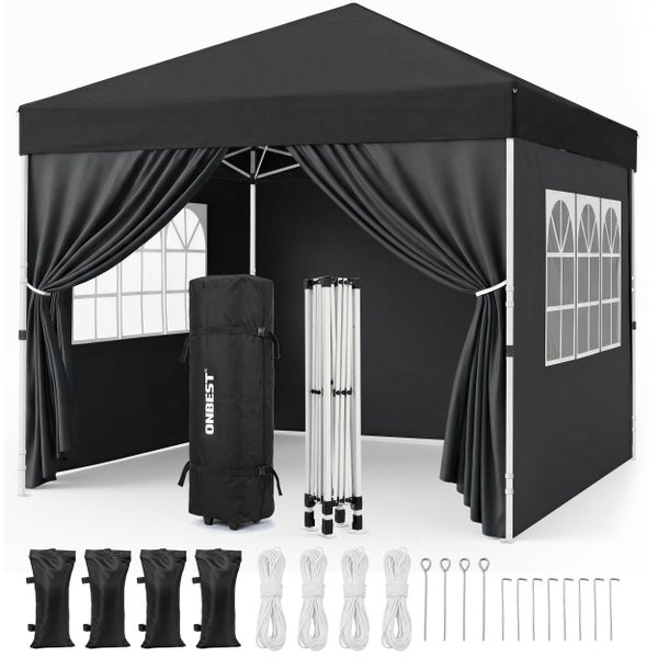 Infografik zum Aufbau eines Pop-up-Pavillons in einer Minute durch eine Person ohne Werkzeug. Hand zieht patentierten Zentralverschluss nach oben.