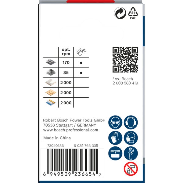 Informationen zu den optimalen Drehzahlen, dem Papierverpackungszeichen und den Sicherheitshinweisen