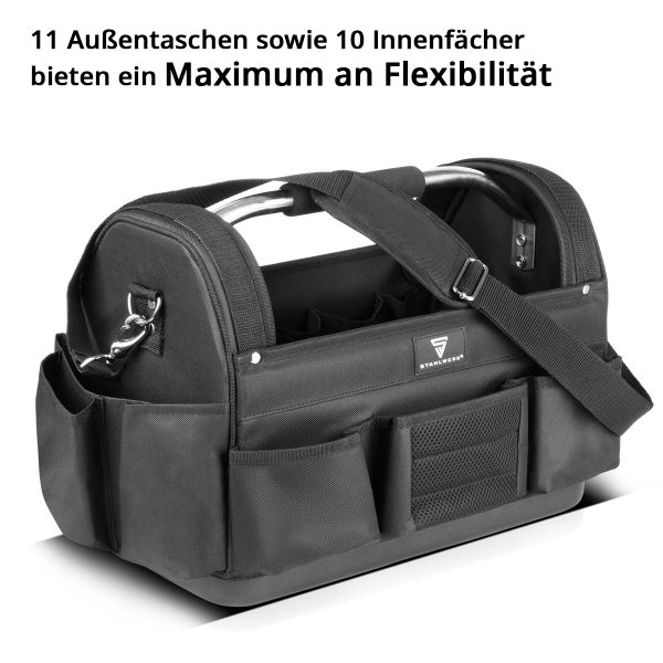 Werkzeugtasche mit 11 Außentaschen und 10 Innenfächern