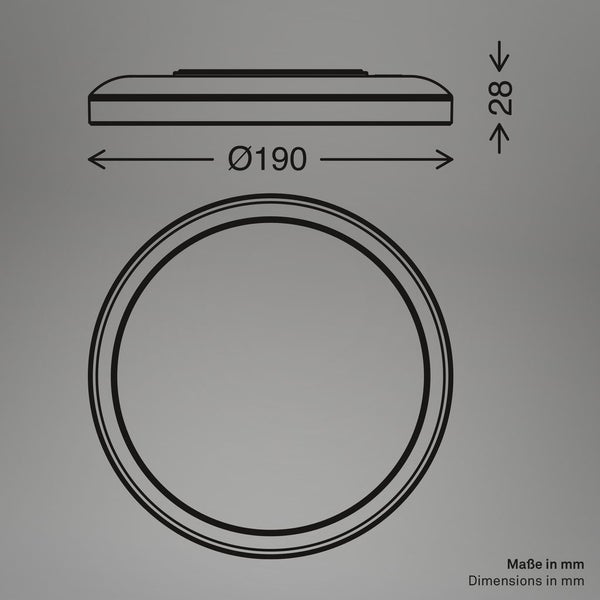 Technische Zeichnung einer runden Leuchte mit einem Durchmesser von 190 Millimeter und einer Höhe von 28 Millimeter.