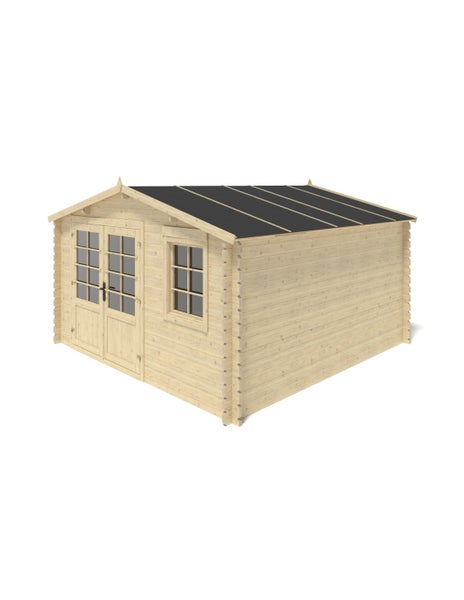 Gartenhaus aus hellem Holz mit Doppeltür, Fenster und Satteldach mit dunkler Eindeckung.