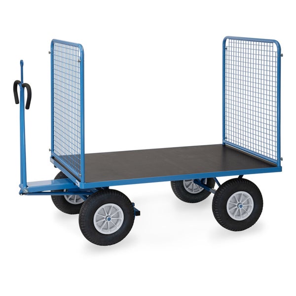 Industrie-Handwagen mit zwei Gitterwänden, Ladefläche aus Holz, Luftbereifung und Deichsel.