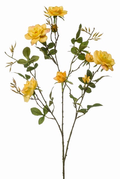Künstlicher Rosenzweig mit mehreren gelben Blüten und grünen Blättern.