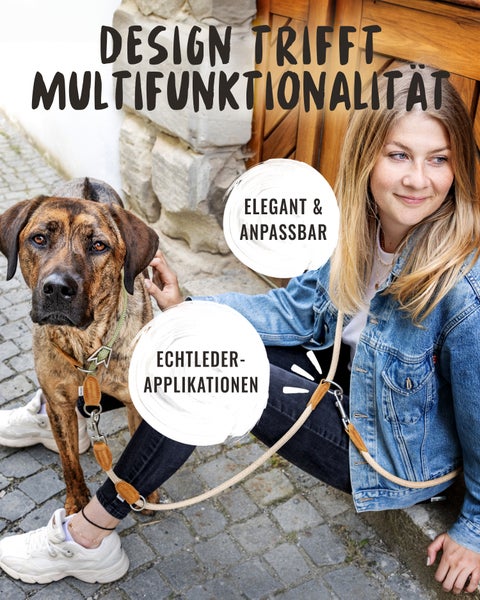 Frau mit Hund an der Leine mit Echtlederapplikationen