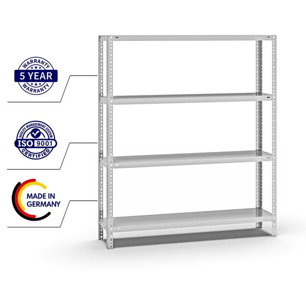 PROREGAL Fachbodenregal Schraubsystem Light-Duty Grundregal HxBxT 150 x 130 x 30 cm 4 Ebenen Fachlast 125 kg Beidseitig Nutzbar Lichtgrau