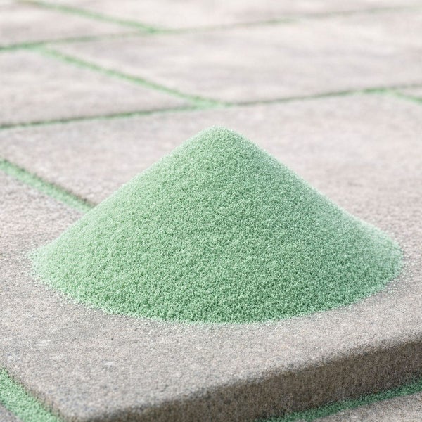 Ein Haufen Fugen-Splitt auf einer gepflasterten Fläche mit verfüllten Fugen.