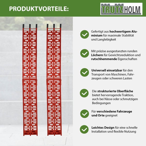 Trutzholm Logo und Aluminium Auffahrrampen mit Produktvorteilen wie hoher Stabilität, geringem Gewicht und rutschhemmender Oberfläche durch Lochstanzung.